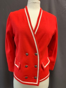 Womens, Blazer, CAPRISIANS, Red, White, Silver, Wool, Solid, Stripes, B34-6, 11/12, Double Breasted, V-neck, Thick Knit Cardigan, Not a Lot of Stretch, 2 Decorative Pocket Flaps