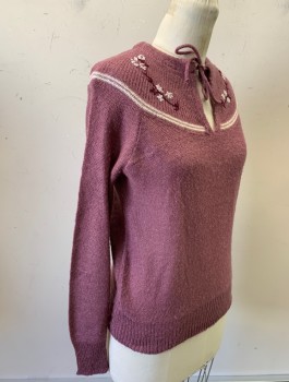 Womens, Sweater, N/L, Mauve Pink, Wool, B:34, Knit, Purple And White Flowers At Shoulders, Cream Stripe At Shoulder Yoke, Pullover, L/S, Round Neck With Drawstring And Keyhole