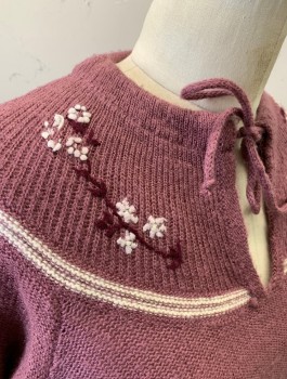 Womens, Sweater, N/L, Mauve Pink, Wool, B:34, Knit, Purple And White Flowers At Shoulders, Cream Stripe At Shoulder Yoke, Pullover, L/S, Round Neck With Drawstring And Keyhole