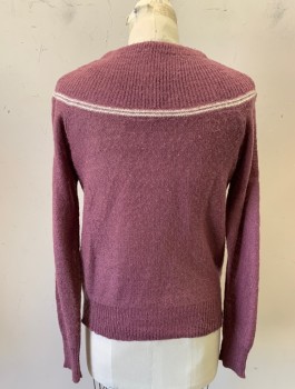 N/L, Mauve Pink, Wool, Knit, Purple And White Flowers At Shoulders, Cream Stripe At Shoulder Yoke, Pullover, L/S, Round Neck With Drawstring And Keyhole