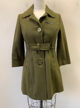 Womens, Coat, TULLE, Olive Green, Wool, Viscose, L, with Matching Belt, Collar Attached, Single Breasted, Button Front, 3 Zip Pockets, Pleated Back