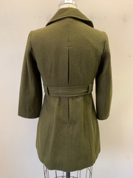 Womens, Coat, TULLE, Olive Green, Wool, Viscose, L, with Matching Belt, Collar Attached, Single Breasted, Button Front, 3 Zip Pockets, Pleated Back