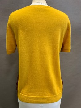 Womens, Top, TORY BURCH, Mustard Yellow, Acrylic, Solid, S, Pullove, Crew Neck, Short Sleeves, See-Through Lace Strips on Sides