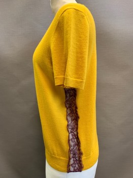 Womens, Top, TORY BURCH, Mustard Yellow, Acrylic, Solid, S, Pullove, Crew Neck, Short Sleeves, See-Through Lace Strips on Sides