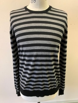 Mens, Pullover Sweater, ATM, Gray, Black, Wool, Stripes - Horizontal , M, Knit, L/S, Crew Neck