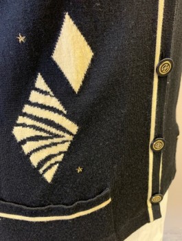 Womens, Sweater, BASLER, Black, Butter Yellow, Wool, Solid, Diamonds, XL, Cardigan, Knit, Diamond Accents with Zebra Stripes, a Few Tiny Stars, 4 Black and Gold Buttons, Long Sleeves, 2 Patch Pockets,