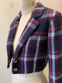 FOREVER 21, Navy Blue, Lt Blue, Maroon Red, Polyester, Acrylic, Plaid-  Windowpane, Notched Lapel, 2 Silver Buttons, Cropped Length, Padded Shoulders