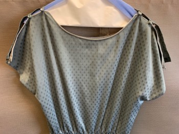 NO LABEL, Gray, Silver, Polyester, Polka Dots, Open Sleeves with Diamond Buttons, Round Neck, Elastic Waist Band, Side Pockets, Open Back with Horizontal Strips Going Across, Silver Trim on Neckline