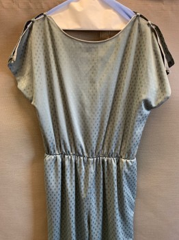 Womens, Jumpsuit, NO LABEL, Gray, Silver, Polyester, Polka Dots, Open Sleeves with Diamond Buttons, Round Neck, Elastic Waist Band, Side Pockets, Open Back with Horizontal Strips Going Across, Silver Trim on Neckline