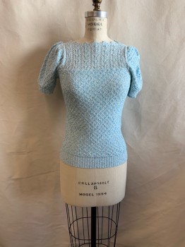Womens, Sweater, N/L, Lt Blue, White, Polyester, Speckled, Heathered, S, Bateau/Boat Neck, Scallop Trim, Short Sleeves