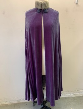 Womens, Cape 1890s-1910s, ERIC WINTERLING MTO, Dusty Purple, Gray, Silk, Faux Fur, Solid, O/S, Crushed Velvet with Gray Faux Fur Collar, Open at Center Front, 2 Large Decorative Purple Corded Buttons at Neck with Hook & Eye Closures, Lavender Acetate Lining, Ankle Length, Made To Order
