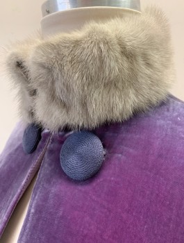 Womens, Cape 1890s-1910s, ERIC WINTERLING MTO, Dusty Purple, Gray, Silk, Faux Fur, Solid, O/S, Crushed Velvet with Gray Faux Fur Collar, Open at Center Front, 2 Large Decorative Purple Corded Buttons at Neck with Hook & Eye Closures, Lavender Acetate Lining, Ankle Length, Made To Order