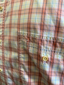 Mens, Casual Shirt, NAUTICA, White, Peach Orange, Blue, Yellow, Cotton, Plaid - Tattersall, 3XLT, Short Sleeves, Button Front, Collar Attached, 2 Patch Pockets