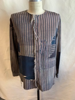 Mens, Casual Shirt, BY WALLID, Tan Brown, Black, Dk Brown, Dk Blue, Beige, Silk, Stripes, Patchwork, M, No Collar Attached, Button Front, Long Sleeves, Frayed Button Placket and Down Front