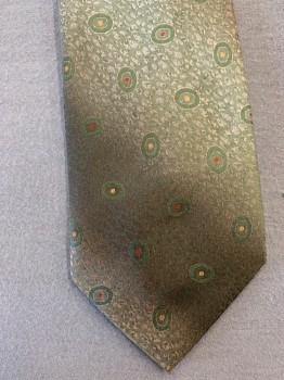 Mens, Tie, DENNES, Olive Green, Burnt Orange, Yellow, Lt Gray, Dk Gray, Polyester, Ovals, Dots, O/S, Four in Hand, Ovals with Dots in Center, Faded Abstract Fading