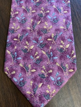 Ermenegildo Zegna, Lavender Purple, Purple, Baby Blue, Gray, Beige, Silk, Floral, Allover Small Floral Pattern with Sprays of Beige Leaves , Flowers and Gray Snails Over a Mottles Lavender and Purple Background