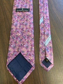 Mens, Tie, Ermenegildo Zegna, Lavender Purple, Purple, Baby Blue, Gray, Beige, Silk, Floral, Allover Small Floral Pattern with Sprays of Beige Leaves , Flowers and Gray Snails Over a Mottles Lavender and Purple Background