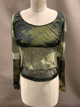 Womens, Top, BISOU BISOU, Green, Black, Polyester, Nylon, Abstract , M, Scoop Neck, Mesh Sleeves & Bottom Half, L/S