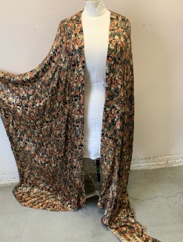 Womens, Robe, N/L MTO, Black, Gold, Peach Orange, Silk, Floral, Abstract , O/S, Metallic Brocade, Open at Center Front with No Closures, Low Slung Drapey Arm Holes, Floor Length, Draped Detail in Back, Made To Order