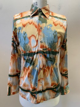 CHESA BOUTIGUE, Peach Orange, Dk Orange, Olive Green, Baby Blue, Polyester, Abstract , L/S, Button Front, Collar Attached,