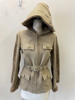 Womens, 1930s Vintage, Piece 1, N/L, Cream, Lt Brown, Wool, Faux Fur, Houndstooth, W 27, B34, Zip Front, 4pkts with Flaps , Belt, Cuffs And Collar /Hood,  Faux Fur Detail On Sleeves