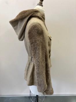 Womens, 1930s Vintage, Piece 1, N/L, Cream, Lt Brown, Wool, Faux Fur, Houndstooth, W 27, B34, Zip Front, 4pkts with Flaps , Belt, Cuffs And Collar /Hood,  Faux Fur Detail On Sleeves