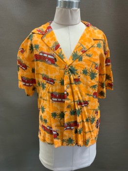 DUCKHEAD, Orange, Red, Multi-color, Rayon, Novelty Pattern, C.A., B.F., S/S, 1 Pckt, Red Station Wagon with Surfboards On Roof, Green Palm Trees