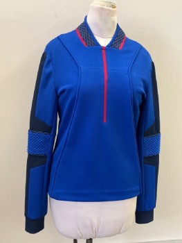Womens, Sci-Fi/Fantasy Top, MAIRI CHISHOLM, Primary Blue, Navy Blue, Red, Black, Synthetic, Textured Fabric, Color Blocking, W:36, B:40, Stand Collar with V-N, Red/Lattice Print/Blue Strips @ Neckline, CF Red Strip, Front Princess Lines with Self Piping, L/S with Navy Center Panel & Cuffs, Blue Textured Band @ Elbows With Lattice Print Piping, CB Invisible Zipper, & Hook & Eyes Closure