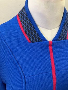 MAIRI CHISHOLM, Primary Blue, Navy Blue, Red, Black, Synthetic, Textured Fabric, Color Blocking, Stand Collar with V-N, Red/Lattice Print/Blue Strips @ Neckline, CF Red Strip, Front Princess Lines with Self Piping, L/S with Navy Center Panel & Cuffs, Blue Textured Band @ Elbows With Lattice Print Piping, CB Invisible Zipper, & Hook & Eyes Closure