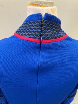 Womens, Sci-Fi/Fantasy Top, MAIRI CHISHOLM, Primary Blue, Navy Blue, Red, Black, Synthetic, Textured Fabric, Color Blocking, W:36, B:40, Stand Collar with V-N, Red/Lattice Print/Blue Strips @ Neckline, CF Red Strip, Front Princess Lines with Self Piping, L/S with Navy Center Panel & Cuffs, Blue Textured Band @ Elbows With Lattice Print Piping, CB Invisible Zipper, & Hook & Eyes Closure
