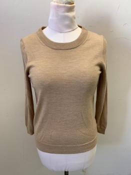 Womens, Top, J CREW, Tan Brown, Acrylic, Heathered, Solid, M, Long Sleeves, Crew Neck, Ribbed Collar Cuffs Waistband