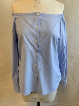 Womens, Blouse, THEORY, Sky Blue, Cotton, Elastane, Solid, L, Off the Shoulder, Elastic at Neckline, Button Front, Long Sleeves