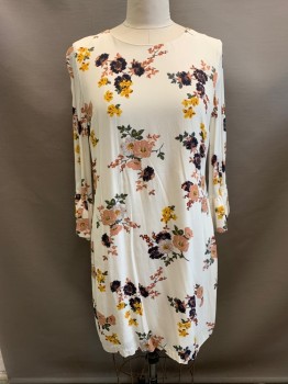 Womens, Dress, Long & 3/4 Sleeve, SANCTUARY, White, Dusty Pink, Midnight Blue, Olive Green, Lt Gray, Polyester, Floral, XL, Boat Neckline, Bell Sleeves, Long Sleeves, Zip Back, Hem Above Knee