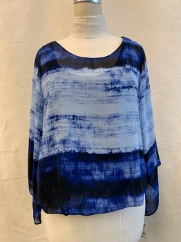 Womens, Top, ALFANI, Navy Blue, Blue, Lt Blue, Polyester, Stripes, Tie-dye, 1X, Chiffon, Scoop Neck, Bell Sleeve with Asymmetrical Hem, Elastic Gathered Waist Attached to Solid Navy Camisole