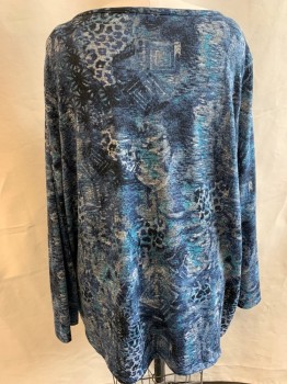 Womens, Top, BASIC EDITIONS, Gray, Dk Blue, Aqua Blue, Black, Polyester, Spandex, Animal Print, Geometric, 3X, Jersey Fabric, Scoop Neckline, Long Sleeves, Leopard Print, Abstract Shapes