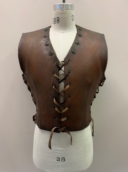 Mens, Historical Fiction Vest, MTO, Brown, Leather, Solid, 40, V-N, Lace Sides, Bronze Grommets Down Front, Lace Front *Aged/Distressed*