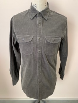 Mens, Casual Shirt, J CREW, Gray, Cotton, Elastane, Solid, S, L/S, B.F., Chest Pockets With Button Flaps, Corduroy, Back Box Pleat, Gray Plastic Buttons, Classic Fit