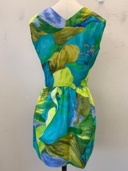 Womens, Dress, Sun Fashion , Aqua Blue, Blue, Yellow, Green, Polyester, Abstract , W22, B32, Sleeveless, V Neck, CrossOver, Snap Buttons
