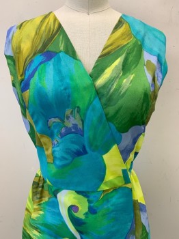 Womens, Dress, Sun Fashion , Aqua Blue, Blue, Yellow, Green, Polyester, Abstract , W22, B32, Sleeveless, V Neck, CrossOver, Snap Buttons