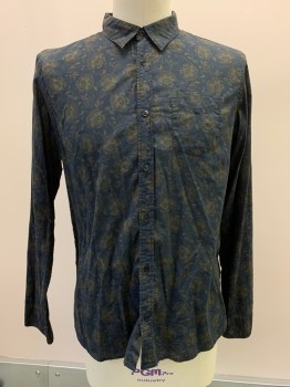 Mens, Casual Shirt, ALL SAINTS, Navy Blue, Putty/Khaki Gray, Red Burgundy, Cotton, Floral, XL, L/S, Button Front, Collar Attached, Chest Pocket