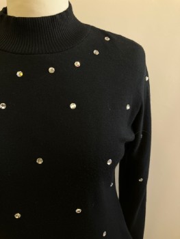 N/L, Black, Acrylic, Solid, Mock Neck, L/S, Back Zip, Diamond Studs, Ribbed Neck And Cuffs, Side Pockets, Shoulder Pads