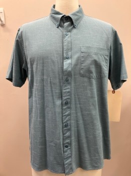 Mens, Casual Shirt, HURLEY, Lt Blue, White, Polyester, Cotton, XL, B.F., S/S, Btn Down Collar, 1 Chest Pckt, Slubbed