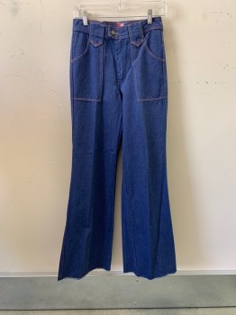 Womens, Jeans, NLF, Denim Blue, Cotton, W28, High Waist, Top Pockets, Orange Stitching, 2 Back Pockets With Flap, Bell Bottoms