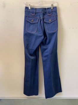 Womens, Jeans, NLF, Denim Blue, Cotton, W28, High Waist, Top Pockets, Orange Stitching, 2 Back Pockets With Flap, Bell Bottoms