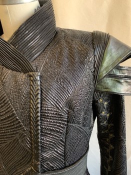 Mens, Coat, MTO, Black, Iridescent Green, Synthetic, Leather, Leaves/Vines , Reptile/Snakeskin, C44, Mattelasse, Asymmetrical, Snap Front, Front Skirt Zip Off, Chrome Zipper Trim On Collar, Shoulders, And Belt, Braided Leather Trim, Gold Grommets
