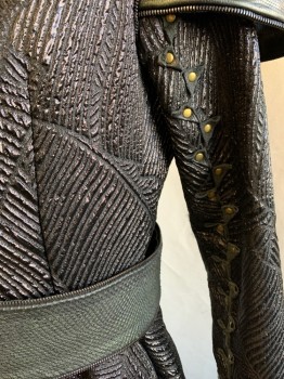 Mens, Coat, MTO, Black, Iridescent Green, Synthetic, Leather, Leaves/Vines , Reptile/Snakeskin, C44, Mattelasse, Asymmetrical, Snap Front, Front Skirt Zip Off, Chrome Zipper Trim On Collar, Shoulders, And Belt, Braided Leather Trim, Gold Grommets