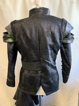 MTO, Black, Iridescent Green, Synthetic, Leather, Leaves/Vines , Reptile/Snakeskin, Mattelasse, Asymmetrical, Snap Front, Front Skirt Zip Off, Chrome Zipper Trim On Collar, Shoulders, And Belt, Braided Leather Trim, Gold Grommets