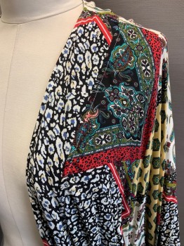 Womens, Top, NL, Multi-color, Black, Cream, Polyester, Paisley/Swirls, Patchwork, XL, Open Front, Dolman Sleeves, Elastic Cuffs, Bolero Style