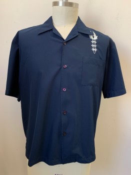 Kik 91, Navy Blue, Polyester, Solid, S/S, Button Front, Collar Attached, Chest Pocket, Embroiderred Detail