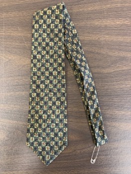 Mens, Tie, COCKTAIL COLLECTIONS, Dk Green, Brown, Multi-color, Silk, Squares, Novelty Pattern, Four In Hand, Light Brown And Dark Brown Tear Drop Shapes, Black Colors